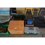 A plastic tool box; metal storage box; and various