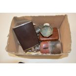 A box containing hip flasks, silver plated mustard