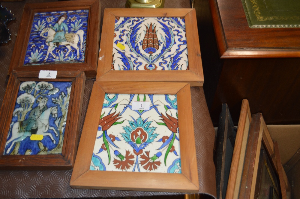 Two pine framed Art Nouveau ceramic tiles