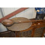 A Benares brass tray; and a Victorian copper warmi