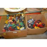 Two boxes of various die-cast vehicles and toys to