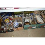 Four boxes of various sundry glass and china, bras