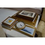 A quantity of pictures and prints and a wall clock