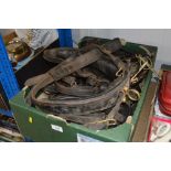 A box of various horse tack