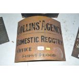 A curved brass office plaque "Collins' Agency Domestic Re