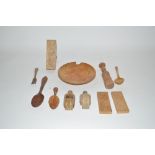 A box of various assorted dairy and kitchen treen