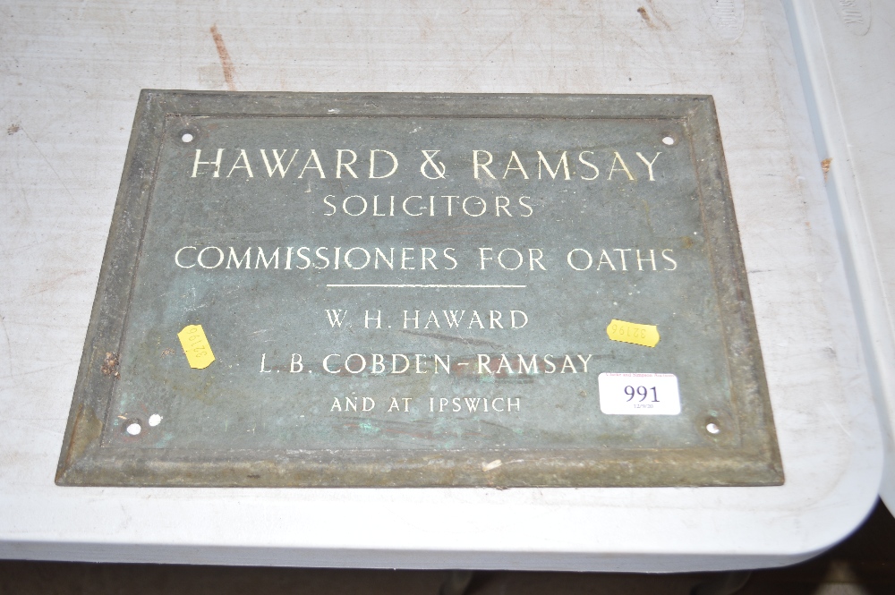 A copper office plaque for Howard & Ramsey Solicit