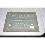 A copper office plaque for Howard & Ramsey Solicit