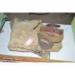 A military canvas bag and contents of leather belt
