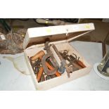 A painted wooden tool box and contents of G clamps