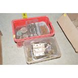 Two boxes containing various old hinges, clamps, s