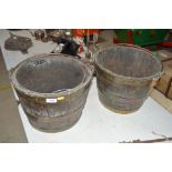 A pair of antique coopered buckets with brass ban