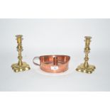 A pair of Antique brass candlesticks and a copper