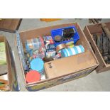 A box of numerous stationery accessories, nails, p