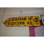 An enamel A.A. road sign for "East Dereham 16.5 miles,