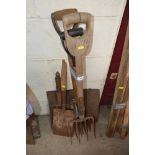 Three Vintage forks, spade and fork ends etc.