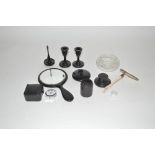 A box of ebony dressing table items etc.