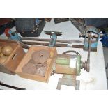 A lathe and various accessories including chucks e