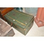 A painted metal travelling trunk