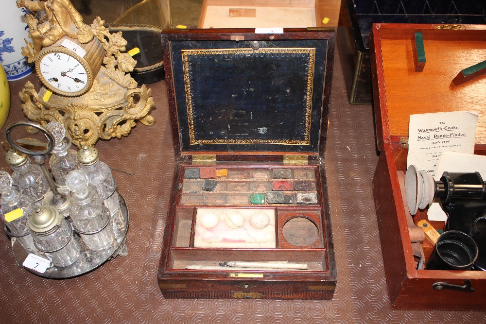 A Victorian rosewood and brass inlaid artists box