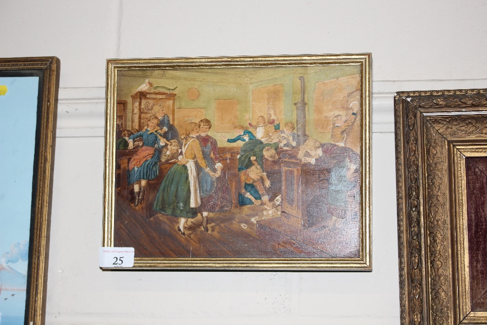 A gilt framed overpainted print on board; study of a classroom scene, unsigned