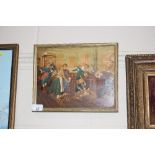 A gilt framed overpainted print on board; study of a classroom scene, unsigned
