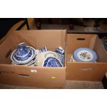 Two boxes of blue and white dinnerware, plates etc