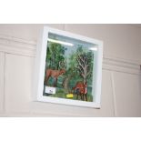 A framed and glazed oil study of three deer in a f