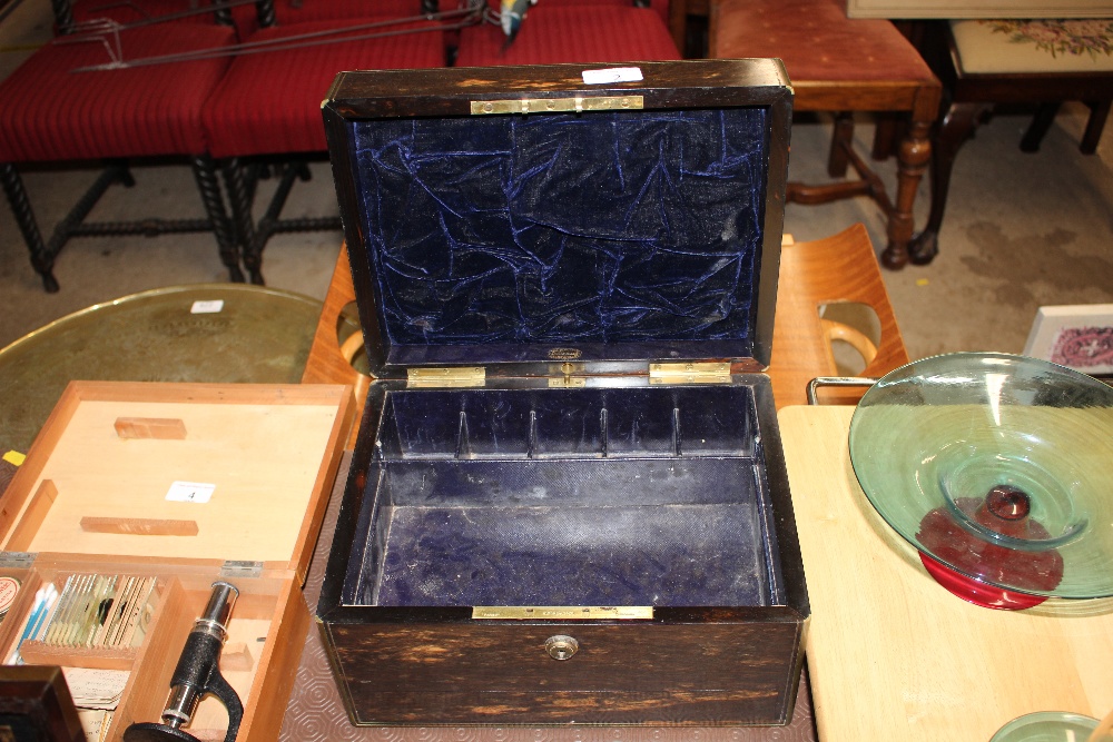 A Victorian Coromandal and brass inlaid box, stamp