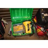 A box containing various tools; a rechargeable tor