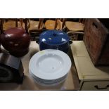 A blue glazed cooking dish; and a quantity of whit