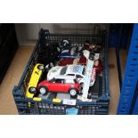 A box containing various diecast models