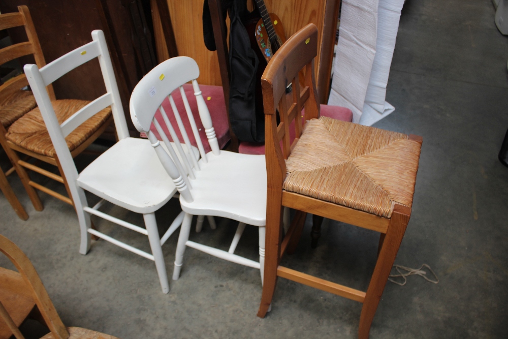 Two white painted kitchen chairs and a pine high s