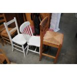 Two white painted kitchen chairs and a pine high s