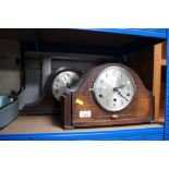 Two oak cased, three holed mantle clocks