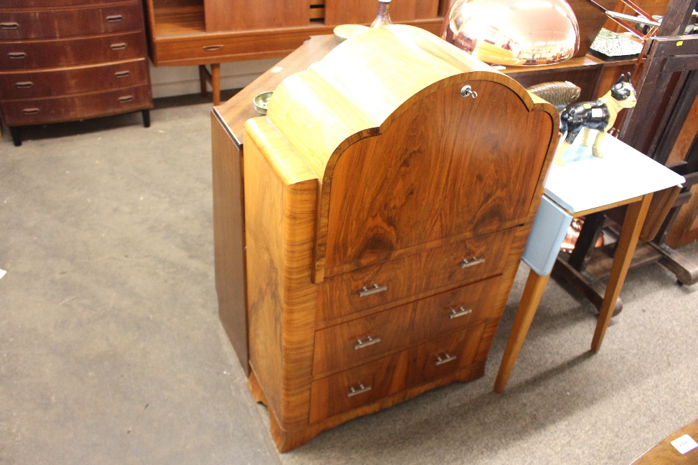 An Art Deco burr walnut secretaire, the fall front