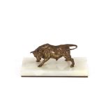 A small bronze figure of a bull, on onyx base