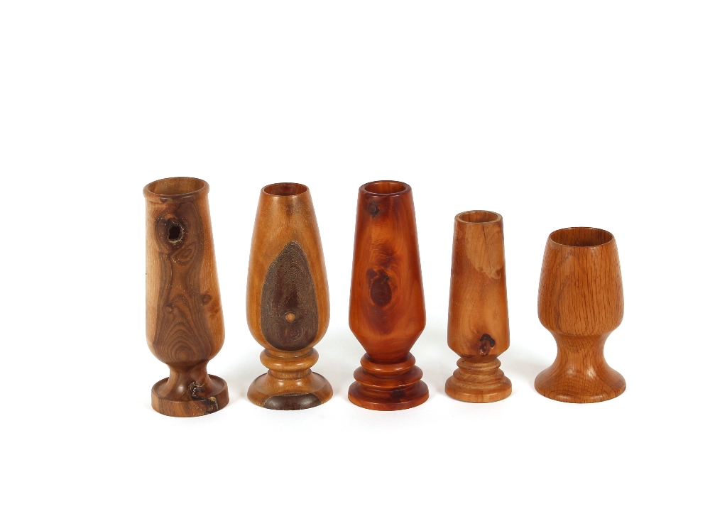 Five treen posy vases