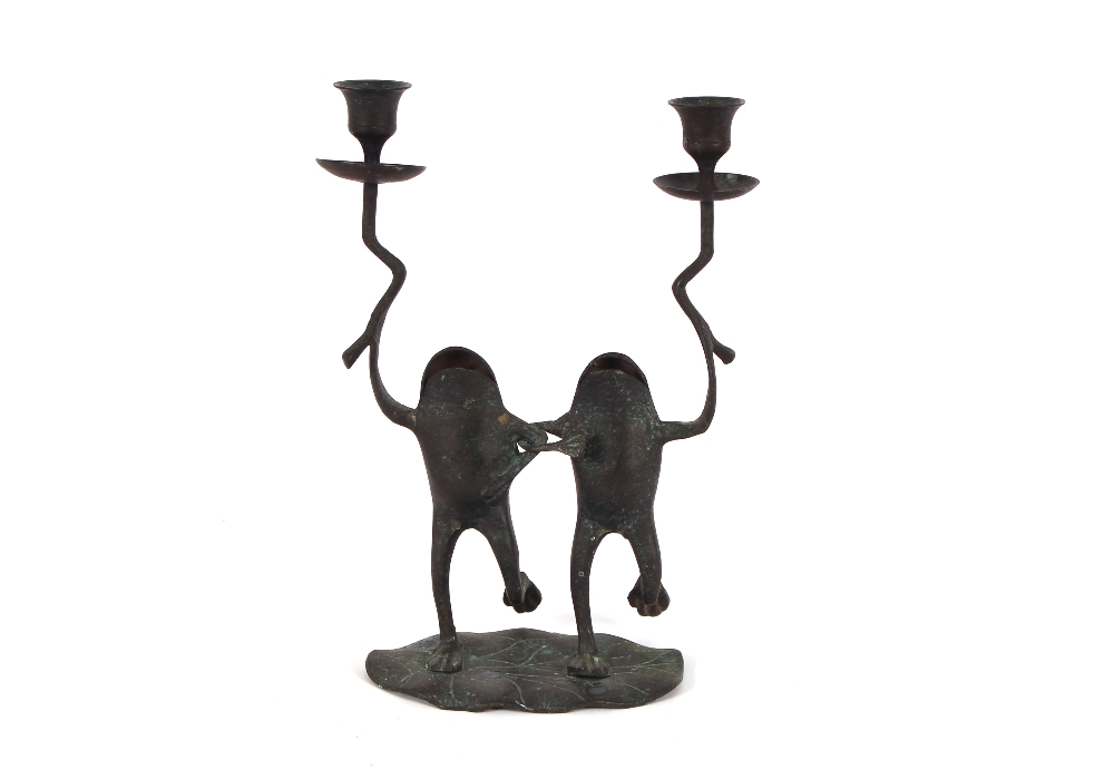 A Liberty style frog decorated candelabra