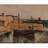 St. Ives School, Penzance boat in harbour, oil on