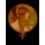 A Mucha print of a young girl with jewelled headdr