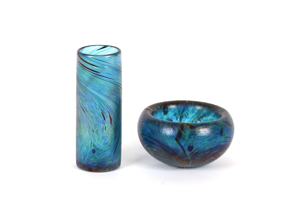 A blue swirled Art Glass bowl, 12cm dia. and a mat