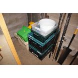 A quantity of plastic storage crates