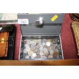 A cash tin and contents of various coinage