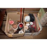 Two boxes of various glass and china; door stops e