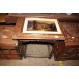 An oak single drawer side table raised on bobbin