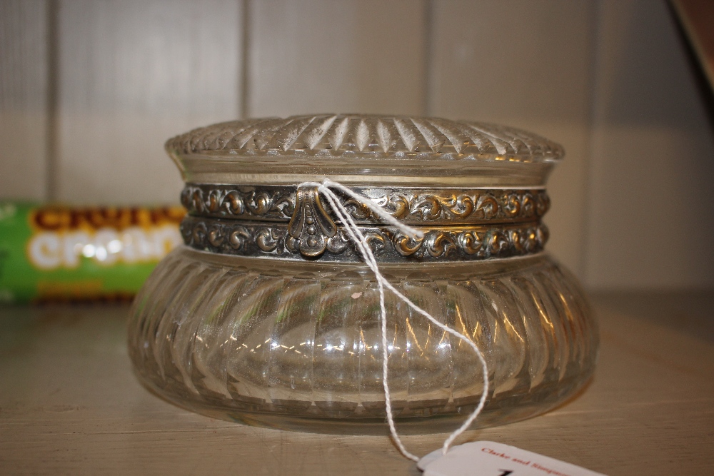 A cut glass hinged dressing table powder jar with