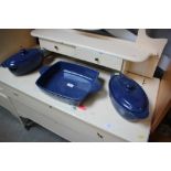 Three blue glazed cooking dishes