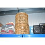 A wicker laundry basket