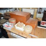 A teak work box, fitted two drawer with lift-up li